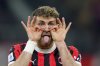 AC Milan's Santiago Gimenez celebrates after scoring their first goal during the Serie A soccer match between Milan and Bologna at San Siro Stadium in Milan, Italy, Friday May 9, 2025. (Spada/LaPresse via AP)