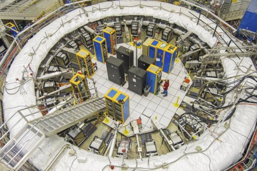 This image provided by the Fermi National Accelerator Laboratory shows the ring-shaped track that scientists used to study tiny particles called muons, July 20, 2023 in Batavia, Ill. (Ryan Posteland/Fermi National Accelerator Laboratory via AP)