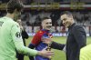 Basel's president David Degen, right, celebrates with Basel's goalkeeper Marwin Hitz, left, and captain Taulant Xhaka after the UEFA Conference League quarter final soccer match between OGC Nice of France and Switzerland's FC Basel 1893, April 20, 2023, at the Allianz Riviera stadium in Nice, France. (Peter Klaunzer/Keystone via AP)