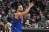 New York Knicks guard Jalen Brunson celebrates after hitting a 3-point basket against the Boston Celtics during Game 1 of an NBA basketball second-round playoff series Monday, May 5, 2025, in Boston. (AP Photo/Charles Krupa)
