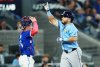 Tampa Bay Rays' Jonathan Aranda (62) celebrates his two-run home run as Toronto Blue Jays catcher Tyler Heineman (55) looks on during third inning MLB baseball action in Toronto on Tuesday, May 13, 2025. THE CANADIAN PRESS/Nathan Denette
