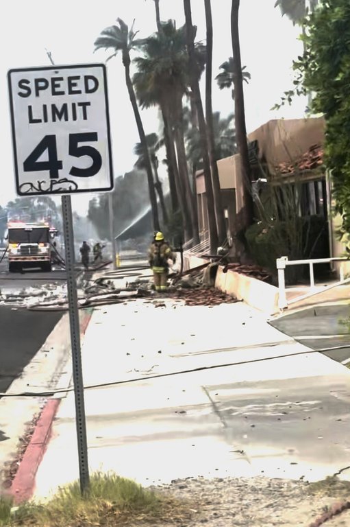 This image provided by Nima Tabrizi shows firefighers at the scene of an explosion at Palm Springs, Calif., on Saturday, May 17, 2025. (Nima Tabrizi via AP)