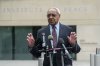 U.S. Institute of Peace acting President George Moose talks during a news conference outside the Institute, Wednesday, May 21, 2025 in Washington. (AP Photo/Kevin Wolf)