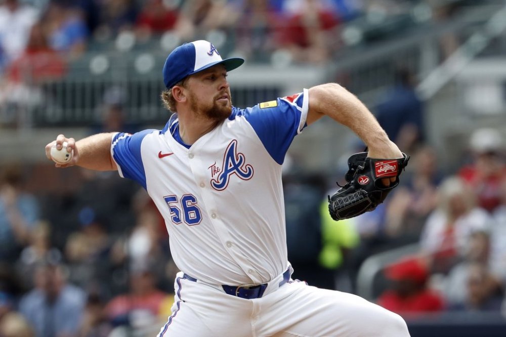 Atlanta Braves' Spencer Schwellenbach pitches during the first inning of a baseball game against the Boston Red Sox, Saturday, May 31, 2025, in Atlanta. (AP Photo/Butch Dill)