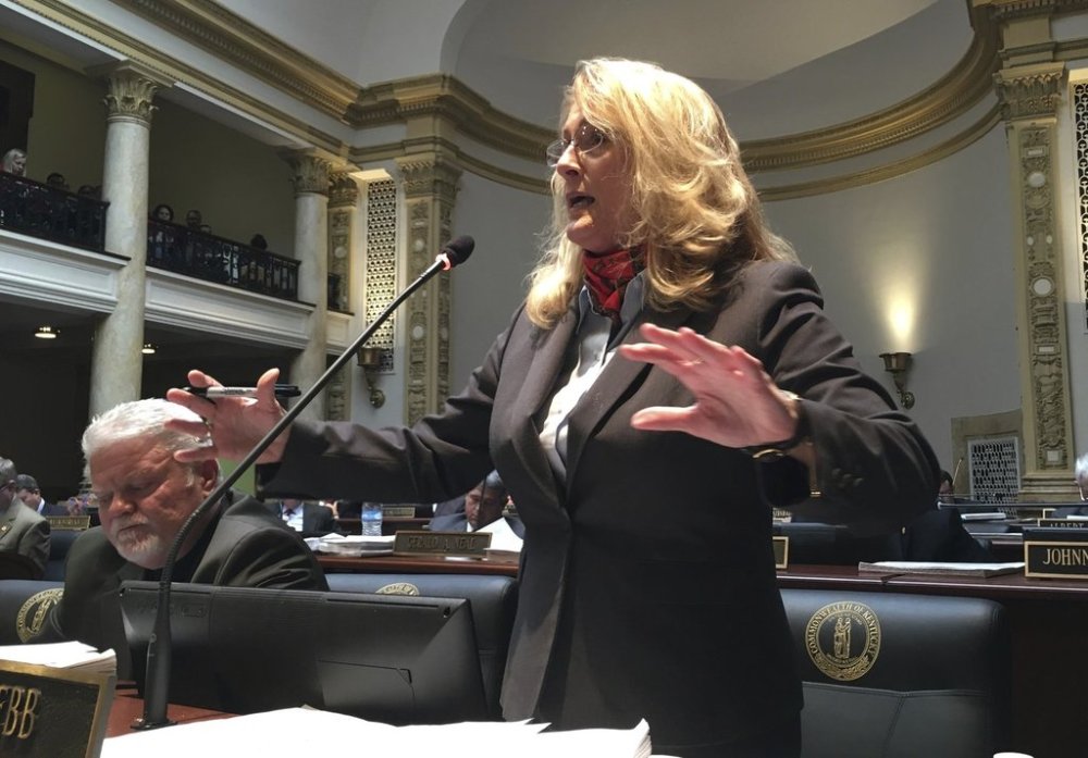 FILE - Democratic state Sen. Robin Webb speaks against a Republican tax proposal on Monday, April 2, 2018, in Frankfort, Ky. (AP Photo/Adam Beam, File)
