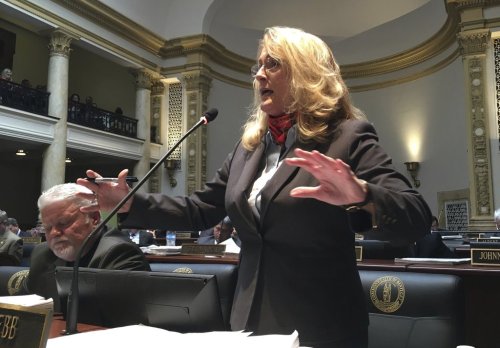 FILE - Democratic state Sen. Robin Webb speaks against a Republican tax proposal on Monday, April 2, 2018, in Frankfort, Ky. (AP Photo/Adam Beam, File)