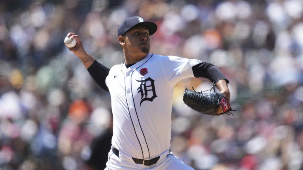 Detroit Tigers pitcher Keider Montero throws against the San Francisco Giants in the first inning during a baseball game, Monday, May 26, 2025, in Detroit. (AP Photo/Paul Sancya)