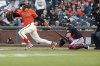 San Francisco Giants shortstop Willy Adames (2) singles against the Atlanta Braves in the first inning of a baseball game at Oracle Park in San Francisco, Friday, June 6, 2025. (Santiago Mejia/San Francisco Chronicle via AP)