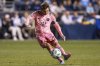 Inter Miami's Lionel Messi kicks the free kick for a goal during the second half of an MLS soccer match against the Philadelphia Union, Saturday, May 24, 2025, in Chester, Pa.. (AP Photo/Chris Szagola)
