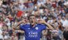 FILE - Leicester City's Jamie Vardy celebrates after scoring his sides 1st goal of the game during the English Premier League soccer match between West Ham and Leicester City at the London stadium in London, Saturday, April 20, 2019. (AP Photo/Kirsty Wigglesworth, File)