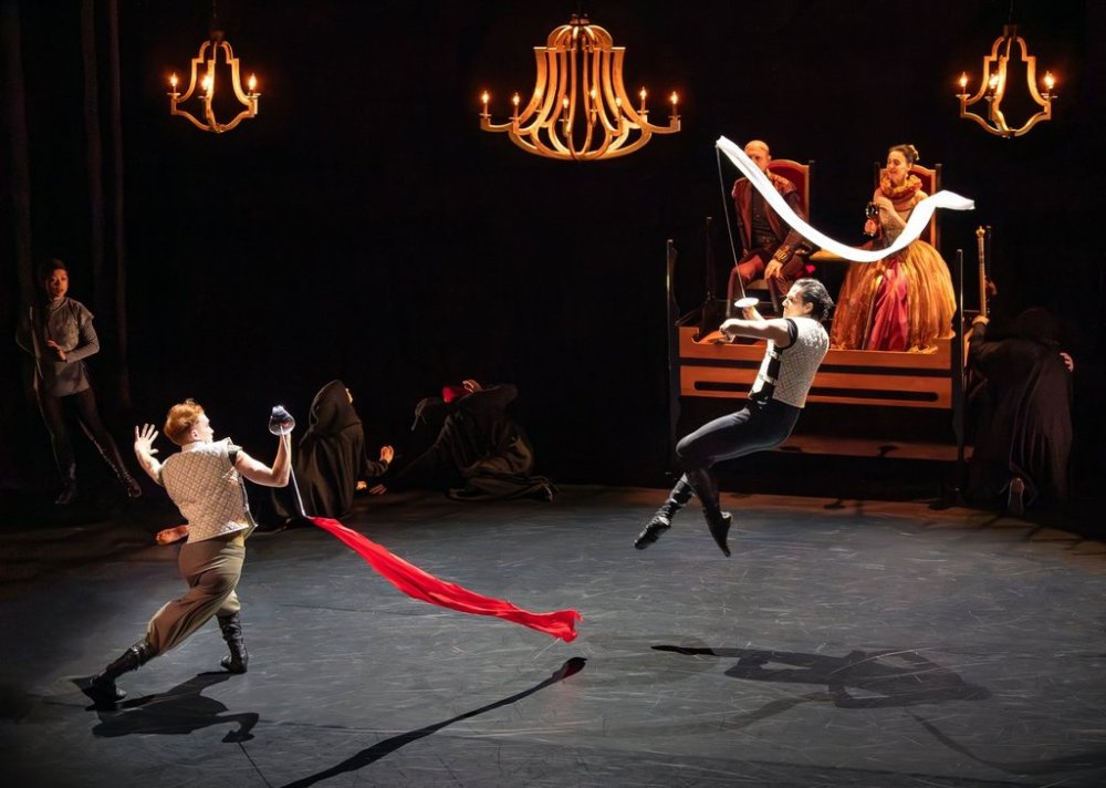 Lukas Malkowski and Guillaume Cote are shown in a scene from Robert Lepage and Guillaume Cote's version of Shakespeare's