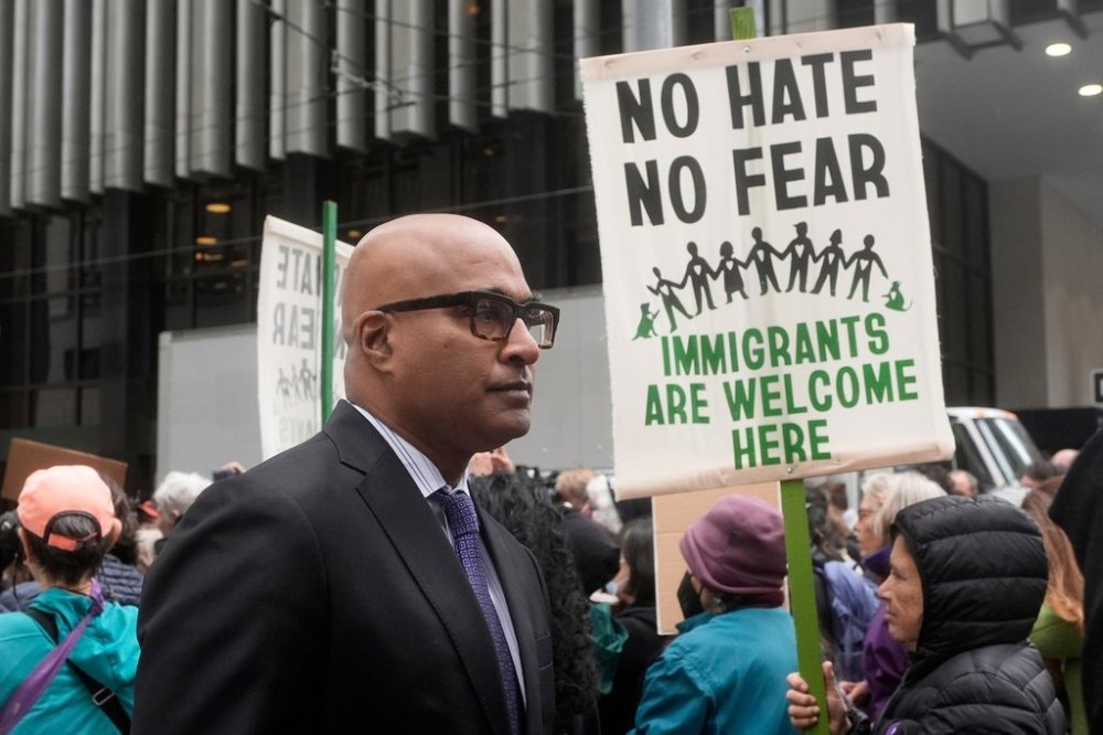 San Francisco Public Defender Manohar Raju stands for a photo after speaking at a news conference and rally by immigrant justice organizations and advocates to protest ICE arrests in San Francisco, Wednesday, May 28, 2025. (AP Photo/Jeff Chiu)