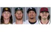 FILE - This combination of 2024 file photo shows baseball players, from left, Jay Groome, Michael Kelly, Jose Rodríguez and Andrew Saalfrank. (AP Photo/File)