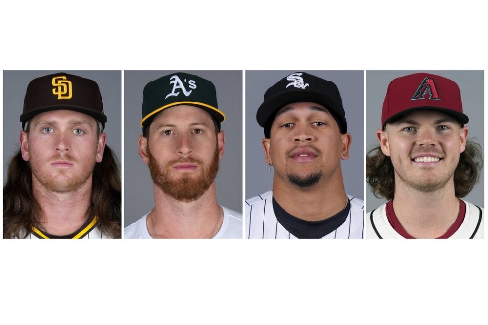 FILE - This combination of 2024 file photo shows baseball players, from left, Jay Groome, Michael Kelly, Jose Rodríguez and Andrew Saalfrank. (AP Photo/File)