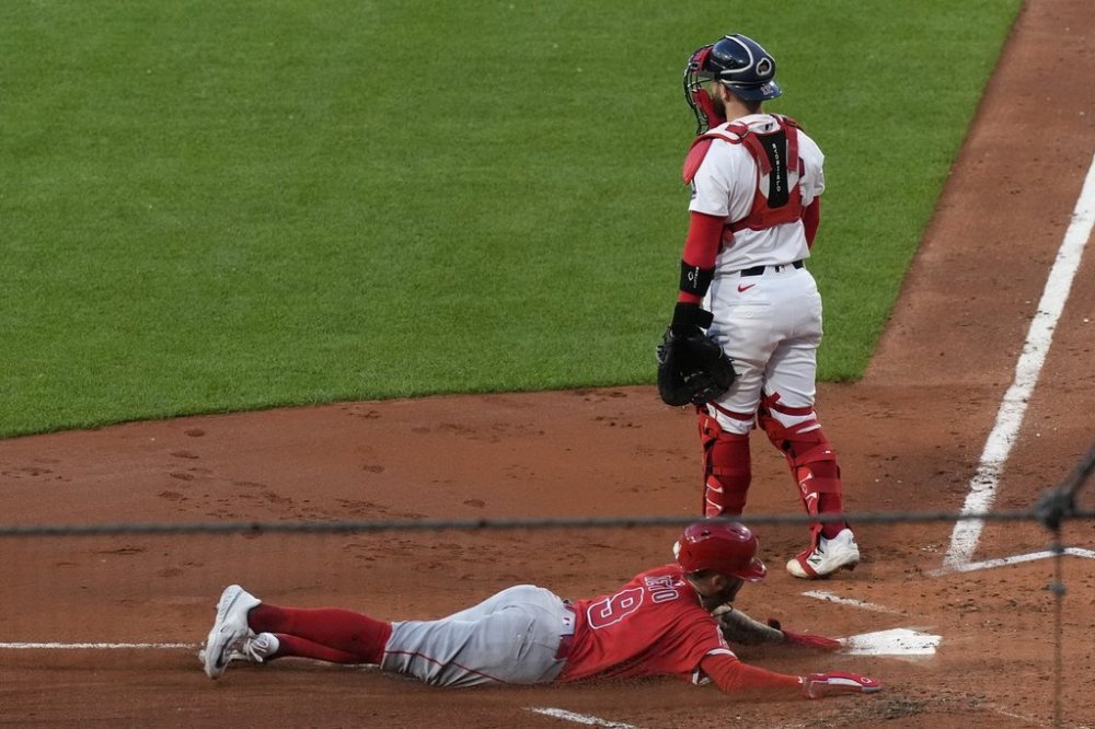 Los Angeles Angels' Zach Neto slides home on a hit by Nolan Schanuel in the third inning of a baseball game against the Boston Red Sox, Tuesday June 3, 2025, in Boston. (AP Photo/Robert F. Bukaty)
