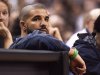 Toronto rapper Drake watches the action between the Toronto Raptors and the Cleveland Cavaliers during the second half of game three of an NBA playoff series basketball game in Toronto on Friday, May 5, 2017. THE CANADIAN PRESS/Frank Gunn