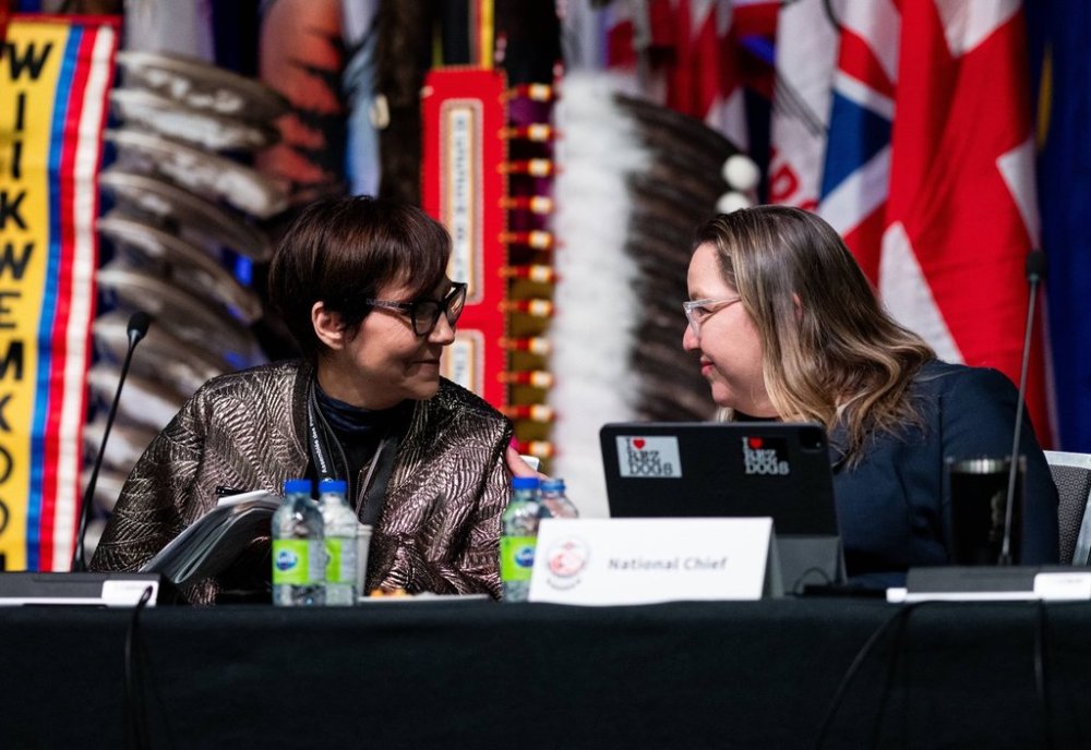 Executive Director of First Nations Child and Family Caring Society of Canada Cindy Blackstock, left, shares a moment with Assembly of First Nations (AFN) National Chief Cindy Woodhouse Nepinak during the Special Chiefs Assembly in Ottawa on Wednesday, Dec. 4, 2024. THE CANADIAN PRESS/Spencer Colby