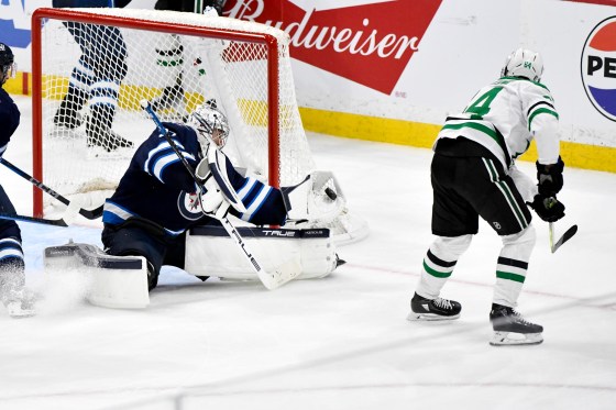 Connor Hellebuyck looked like himself in Game 1 against the Stars. (Fred Greenslade / The Canadian Press)