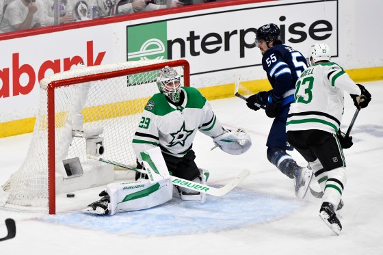 Dallas Stars goaltender Jake Oettinger (29) is scored on by Winnipeg Jets' Nikolaj Ehlers (not shown) during the first period of Friday's game. (Fred Greenslade / The Canadian Press files)