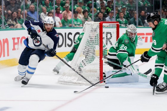 Dallas Stars goaltender Jake Oettinger (29) blocks the shot from Winnipeg Jets left wing Alex Iafallo (9) in the second period of Game 4 in Dallas on Tuesday. (Gareth Patterson / The Associated Press files)