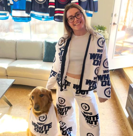 Annabella Maguet collected several towels and fashioned her own Whiteout-themed pants and jacket. (Supplied)