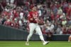 Cincinnati Reds' TJ Friedl celebrates at the conclusion of a baseball game against the Milwaukee Brewers, Tuesday, June 3, 2025, in Cincinnati. (AP Photo/Kareem Elgazzar)