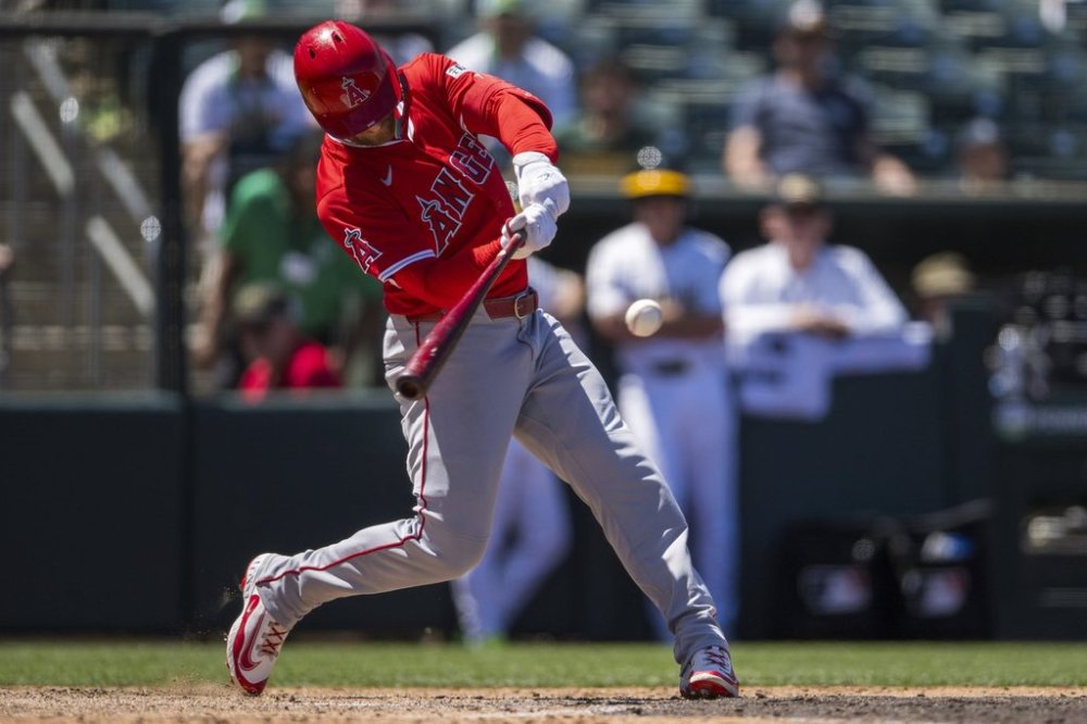 Los Angeles Angels' Taylor Ward hits a grand slam during the seventh inning of a baseball game against the Athletics in West Sacramento, Calif., Thursday, May 22, 2025. (AP Photo/Nic Coury)
