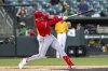 Los Angeles Angels' Logan O'Hoppe hits a home run during the fourth inning of a baseball game against the Athletics in West Sacramento, Calif., Tuesday, May 20, 2025. (AP Photo/Nic Coury)