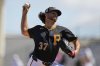 FILE - Pittsburgh Pirates starting pitcher Jared Jones (37) delivers during the first inning of a spring training baseball game against the Atlanta Braves, on Feb. 25, 2025, in Bradenton, Fla. (AP Photo/Stephanie Scarbrough, File)