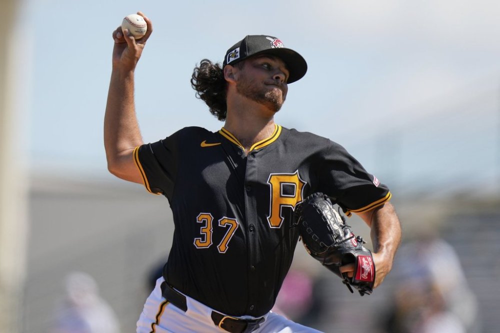 FILE - Pittsburgh Pirates starting pitcher Jared Jones (37) delivers during the first inning of a spring training baseball game against the Atlanta Braves, on Feb. 25, 2025, in Bradenton, Fla. (AP Photo/Stephanie Scarbrough, File)