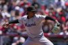 Miami Marlins starting pitcher Edward Cabrera throws to the plate during the first inning of a baseball game against the Los Angeles Angels, Sunday, May 25, 2025, in Anaheim, Calif. (AP Photo/Mark J. Terrill)