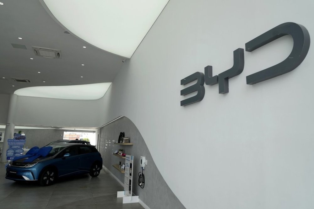 FILE -BYD vehicles are for sale in a dealership in Camacari, Bahia state, Brazil, Friday, March 7, 2025. (AP Photo/Eraldo Peres, File)