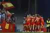 Spain's players celebrate after Claudia Pina scored her side's second goal against England during the women's Nations League soccer match at the RCD Espanyol Stadium in Barcelona, Spain, Tuesday, June 3, 2025. (AP Photo/Joan Monfort)