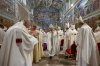 Newly elected Pope Leo XIV, center, leaves after concelebrating Mass with the College of Cardinals inside the Sistine Chapel at the Vatican the day after his election as 267th pontiff of the Roman Catholic Church, Friday, May 9, 2025. (Vatican Media via AP)