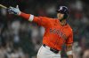 Houston Astros' Jeremy Pena drops his bat after hitting a home run during the sixth inning of a baseball game against the Kansas City Royals in Houston, Tuesday, May 13, 2025. (AP Photo/Ashley Landis)