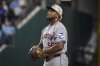 Houston Astros' Ronel Blanco pitches during the fifth inning of a baseball game against the Texas Rangers, Saturday, May 17, 2025, in Arlington, Texas. (AP Photo/Jessica Tobias)