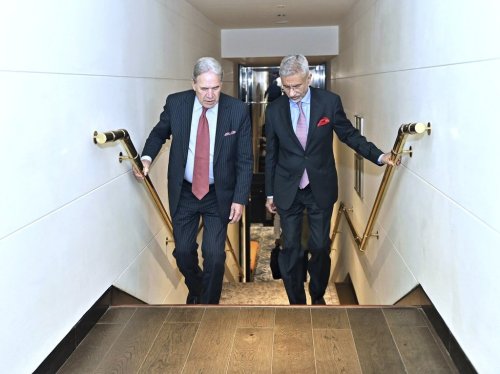 Indian Foreign Minister S. Jaishankar, right, climbs a staircase with New Zealand's Deputy Prime Minister and Foreign Minister Winston Peters in New Delhi, India, Thursday, May 29, 2025. (Indian Foreign Minister S. Jaishankar on X, via AP)