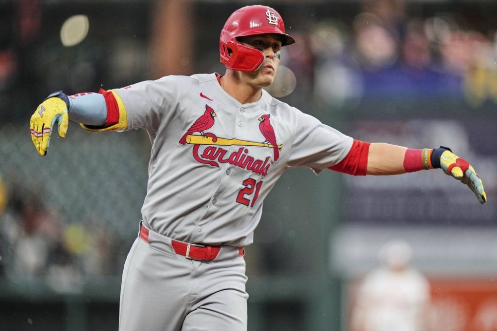 St. Louis Cardinals' Lars Nootbaar (21) celebrates after hitting a two-run home run during the second inning of a baseball game against the Baltimore Orioles, Tuesday, May 27, 2025, in Baltimore. (AP Photo/Stephanie Scarbrough)