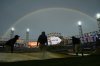 A double rainbow forms over Rate Field during a rain delay before a baseball game between the Detroit Tigers and Chicago White Sox, Wednesday, June 4, 2025, in Chicago. (AP Photo/Erin Hooley)