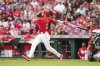 Cincinnati Reds outfielder Gavin Lux watches his grand slam during the fourth inning of a baseball game against the Arizona Diamondbacks, Saturday, June 7, 2025, in Cincinnati. (AP Photo/Jeff Dean)