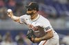 San Francisco Giants relief pitcher Camilo Doval throws during the ninth inning of a baseball game against the Miami Marlins, Sunday, June 1, 2025, in Miami. (AP Photo/Lynne Sladky)