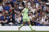 FILE - Barcelona's Aitana Bonmati celebrates after scoring the opening goal during the women's Champions League semifinals, second leg, soccer match against Chelsea FC at Stamford Bridge in London, April 27, 2025. (AP Photo/Dave Shopland, File