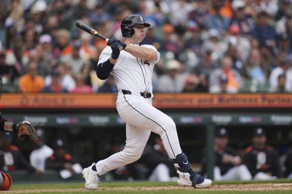 Detroit Tigers' Colt Keith hits a two-run double against the San Francisco Giants in the fifth inning during a baseball game, Wednesday, May 28, 2025, in Detroit. (AP Photo/Paul Sancya)