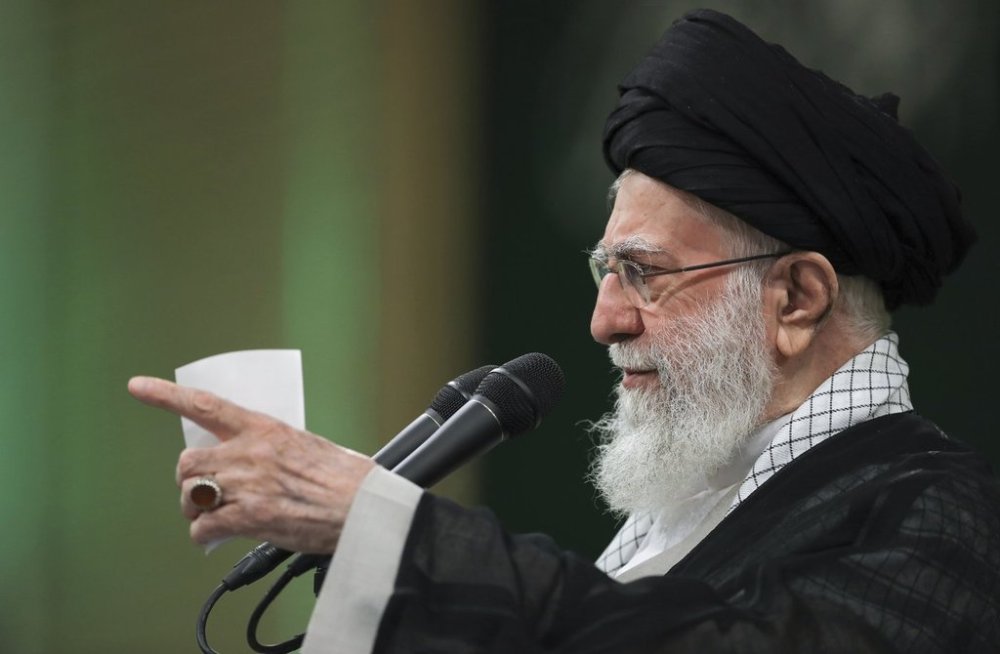 In this photo released by an official website of the office of the Iranian supreme leader, Supreme Leader Ayatollah Ali Khamenei speaks during a meeting with teachers, in Tehran, Iran, Saturday, May 17, 2025. (Office of the Iranian Supreme Leader via AP)