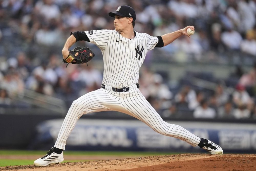 New York Yankees' Max Fried pitches during the third inning of a baseball game against the Cleveland Guardians, Thursday, June 5, 2025, in New York. (AP Photo/Frank Franklin II)