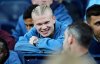 Manchester City's injured forward Erling Haaland sits in the crowd during a Premier League soccer match between Manchester City v Aston Villa, Tuesday, April 22, 2025, at the Etihad Stadium in Manchester, England. (Martin Rickett/PA via AP)