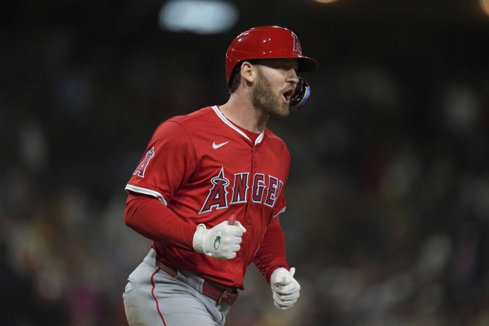 Los Angeles Angels' Taylor Ward celebrates after hitting a grand slam during the ninth inning of a baseball game against the San Diego Padres Monday, May 12, 2025, in San Diego. (AP Photo/Gregory Bull)