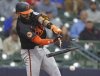 Baltimore Orioles' Emmanuel Rivera breaks his bat during the tenth inning of a baseball game against the Milwaukee Brewers, Wednesday, May 21, 2025, in Milwaukee. (AP Photo/Jeffrey Phelps)