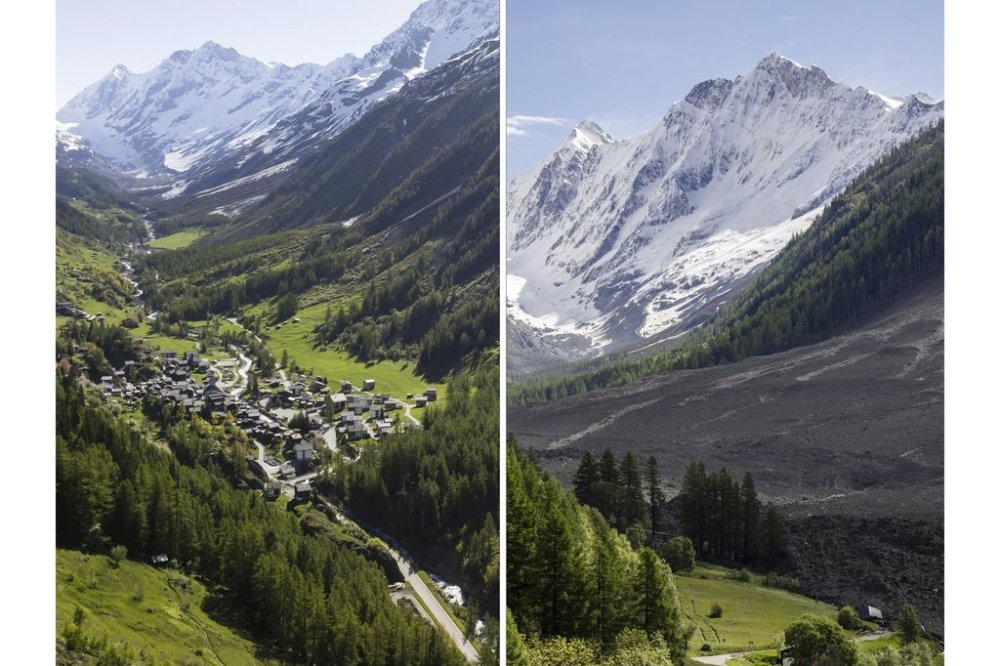 This combo picture shows the village of Blatten photographed on Sunday, May 18, 2025, left, and a view captured one day after a massive debris avalanche triggered by the collapse of the Birch Glacier, swept down to the valley floor and demolised large parts of the village of Blatten, Switzerland, Thursday, May 29, 2025. (Cyril Zingaro and Jean-Christophe Bott/Keystone via AP)