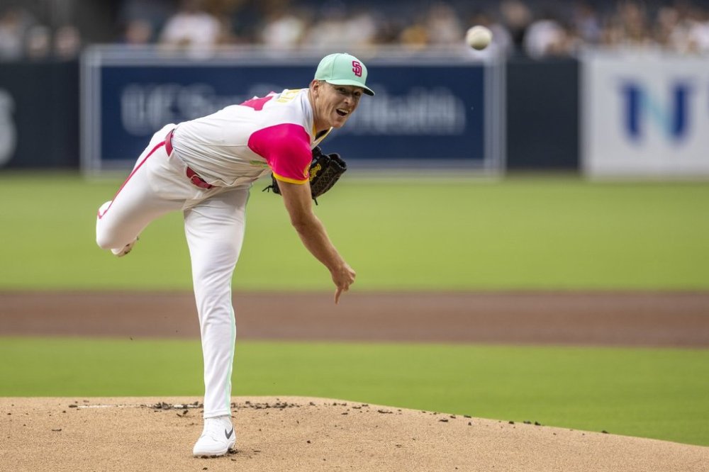 San Diego Padres starting pitcher Nick Pivetta throws against a Pittsburgh Pirates batter in the first inning of a baseball game, Friday, May 30, 2025, in San Diego. (AP Photo/Tony Ding)